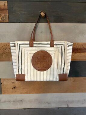Tory Burch Ella Printed Tote Box Stripe Nylon USED